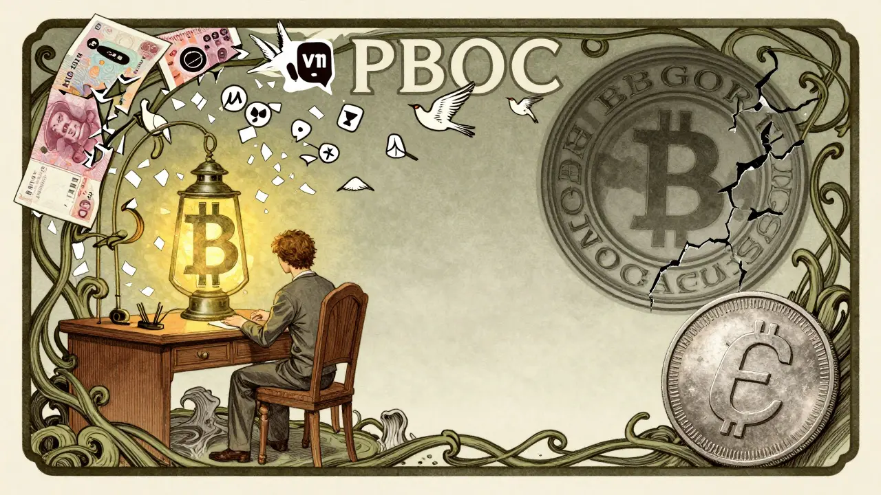 Una figura sola rodeada de yuanes, VPNs como aves y un sello del banco estatal agrietado, mientras una moneda digital estatal fría y metálica permanece inúsada en la esquina.