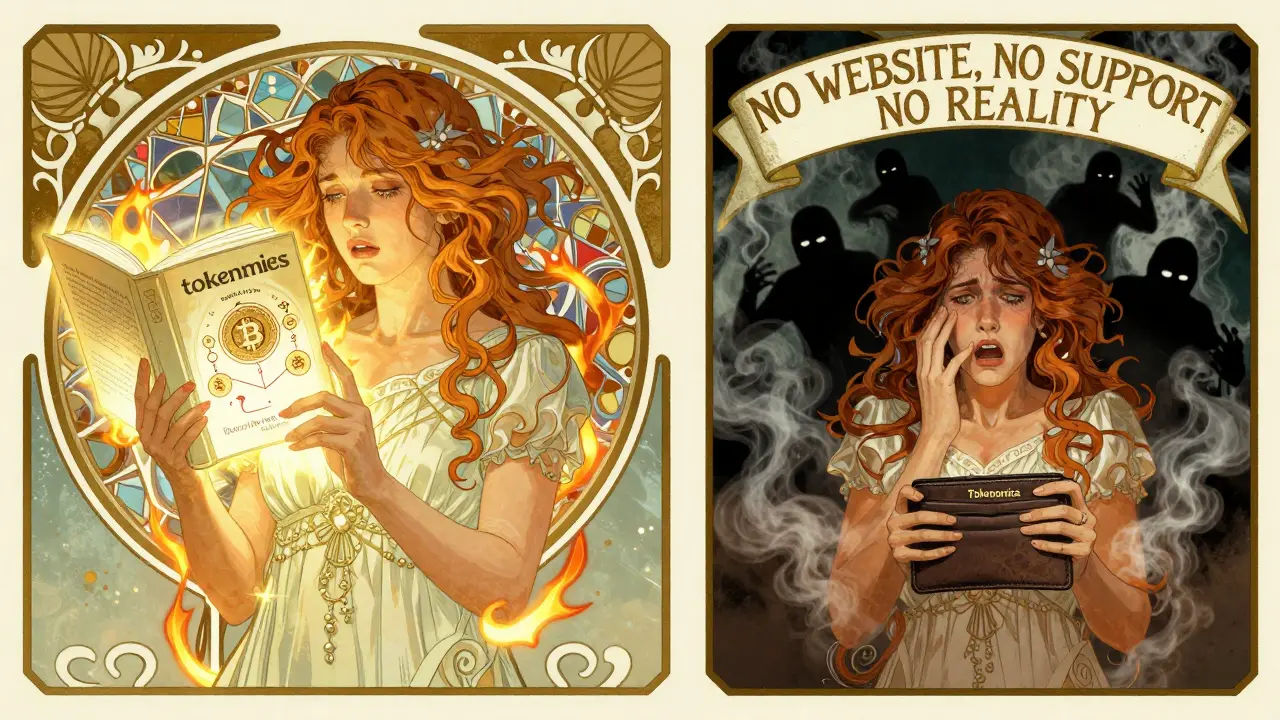Una imagen dividida: a la izquierda, un libro sobre tokenomics con patrones elegantes; a la derecha, una mujer con un monedero vacío y señales de advertencia.