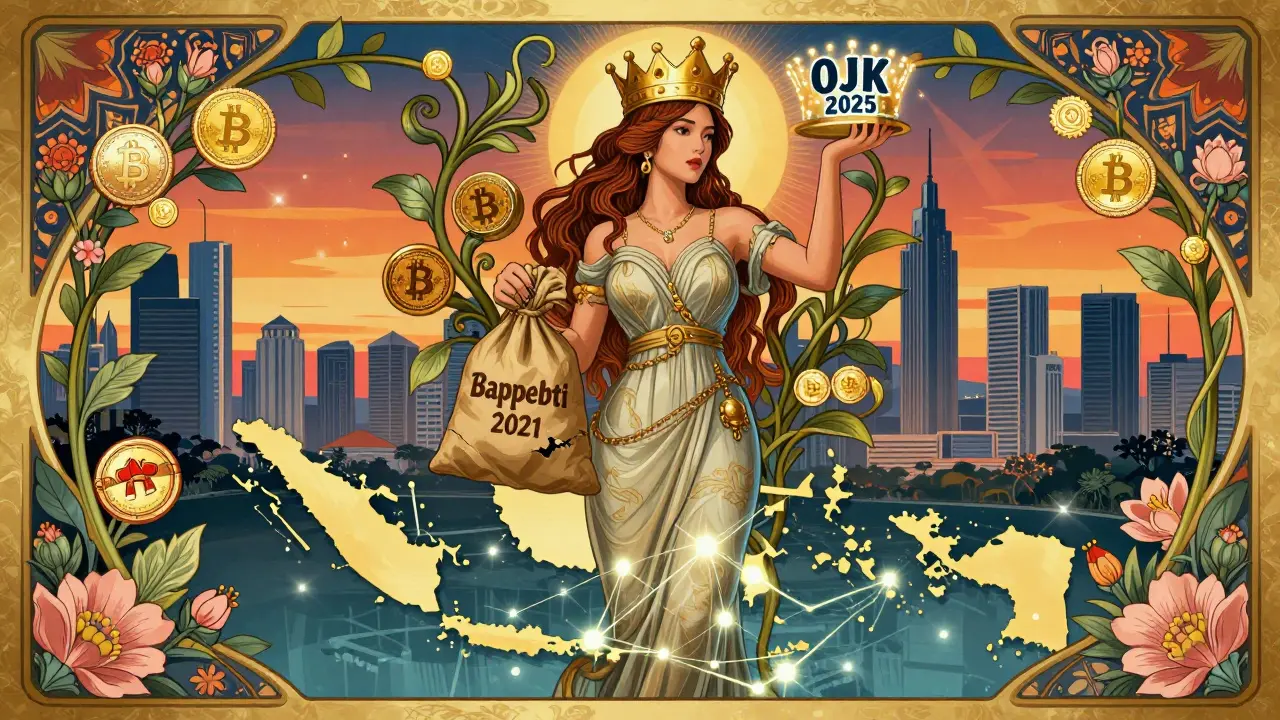 Una mujer simbólica eleva una corona digital, transformando las criptomonedas en parte del sistema financiero indonesio.