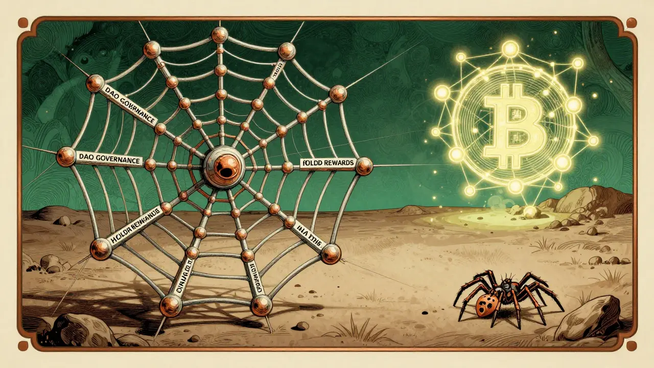 Una telaraña de blockchain vacía con promesas falsas, una araña sola sobre un token muerto, estilo Art Nouveau.