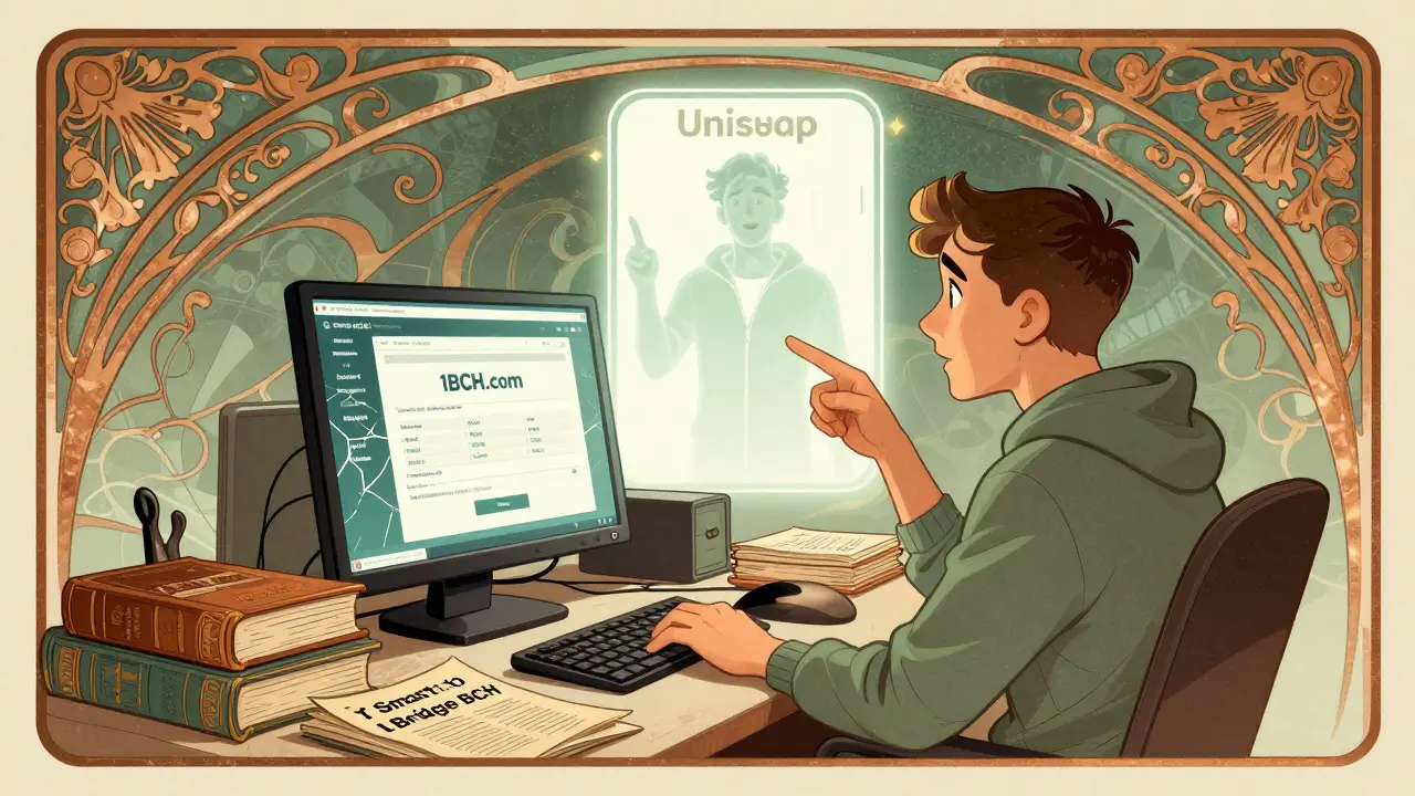 Usuario confundido frente a una pantalla congelada de 1BCH.com, mientras un trader exitoso lo guía.