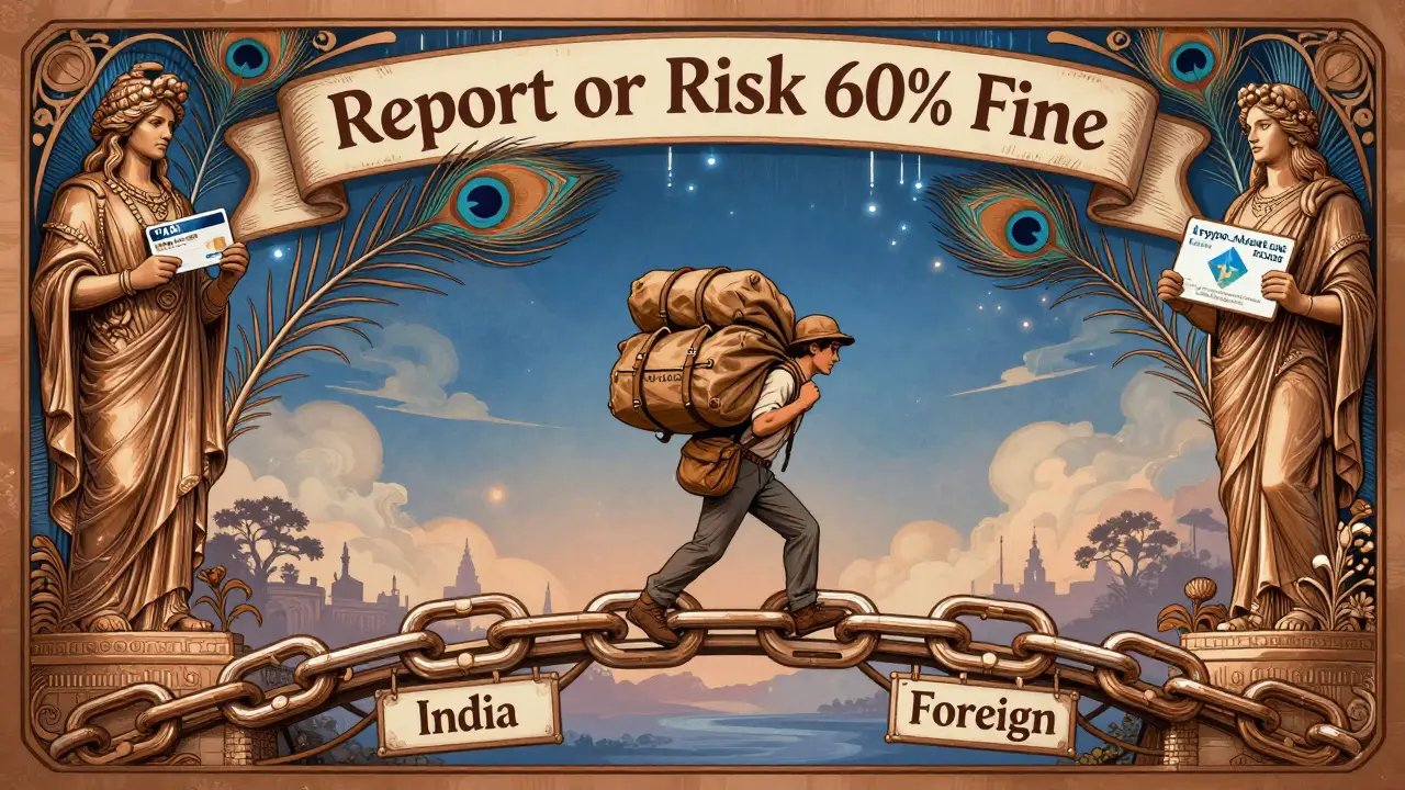 Viajero cruzando un puente blockchain entre India y el extranjero, protegido por estatuas de identificación fiscal.