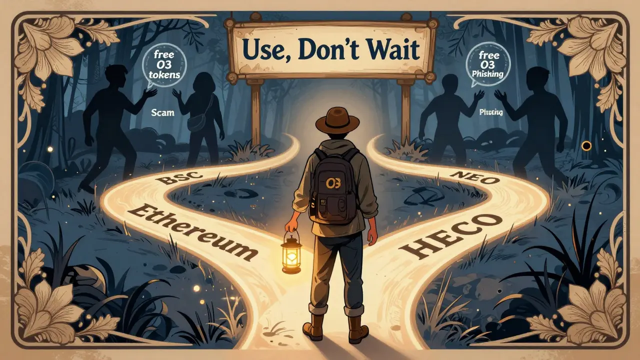 Viajero en un cruce de caminos digitales, rechazando estafas mientras avanza hacia una señal que dice 'Usa, no esperes'.