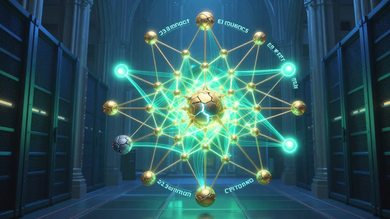 100 nodos dorados forman un mandala; 33 están oscuros, 67 brillan, mostrando el umbral de tolerancia a fallos bizantinos.