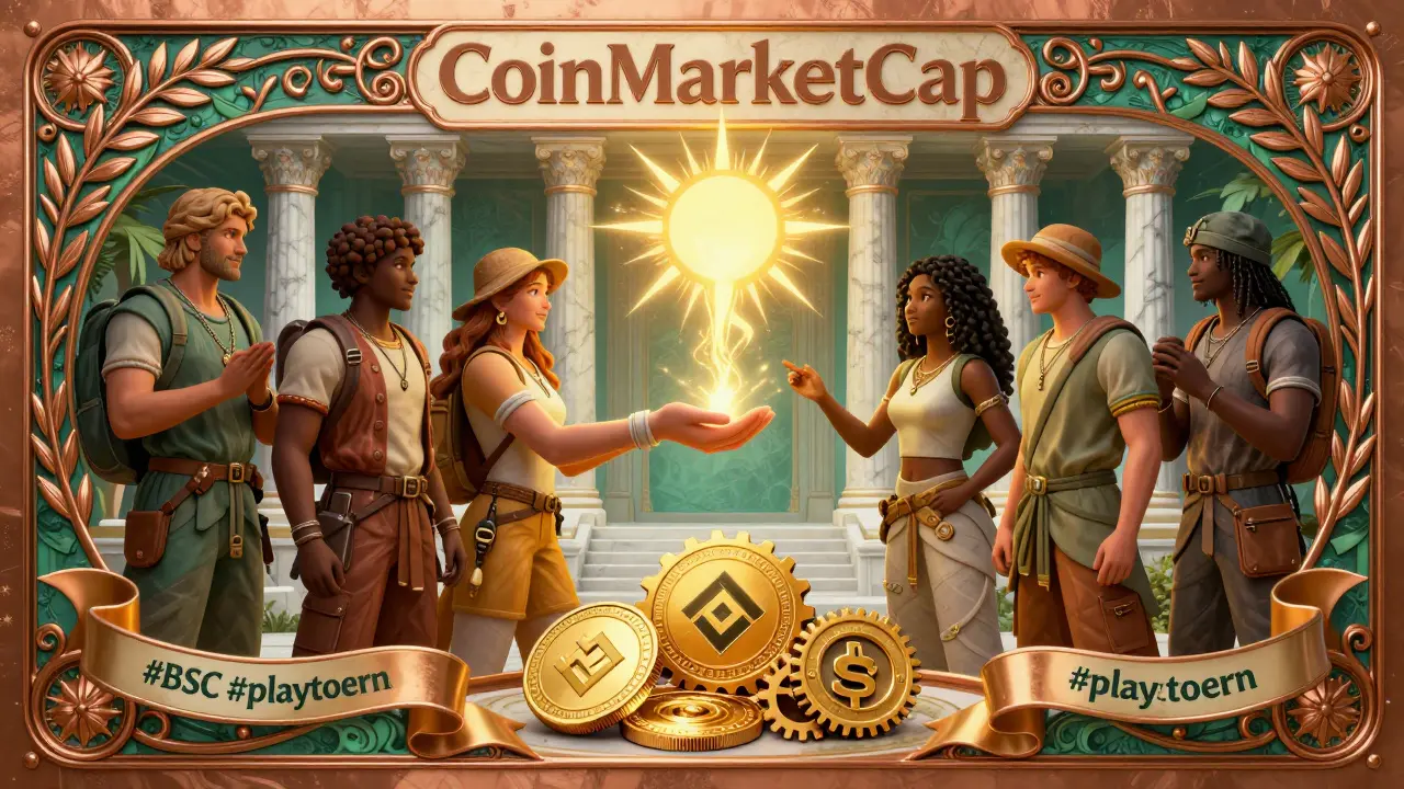 Admiradores recibiendo NFTs de una mano celestial en un templo con símbolos de BSC y hashtags decorativos.