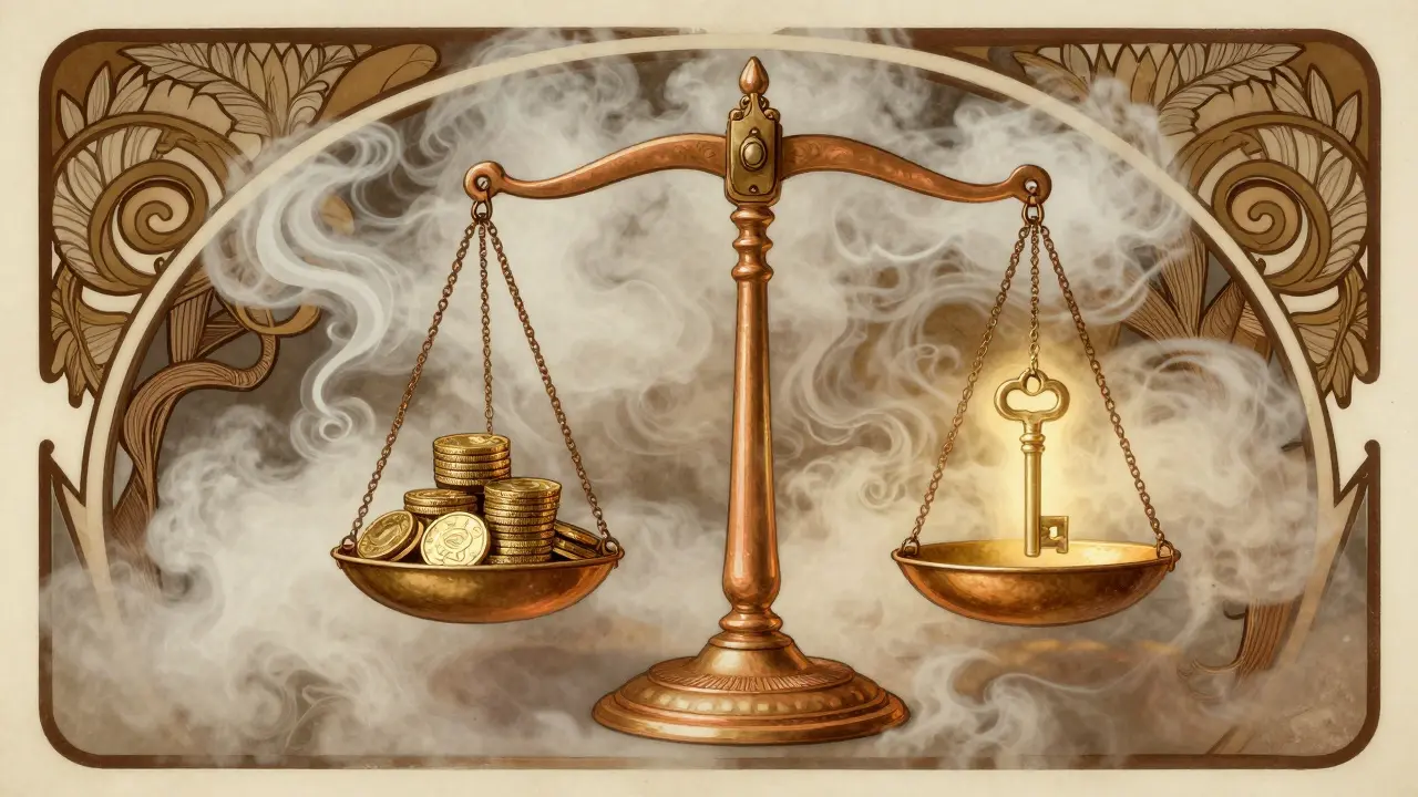 Balanza equilibrando monedas y llaves en diseño gráfico vintage elegante.