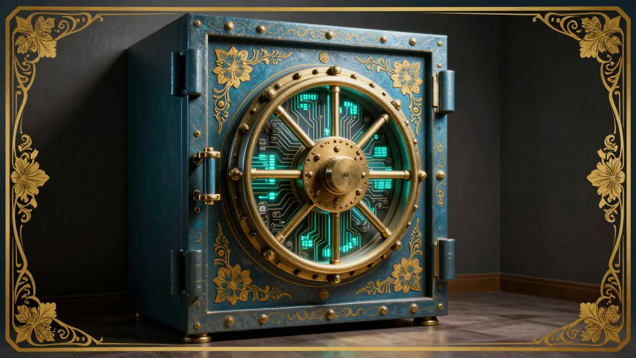 Bóveda de seguridad ornamentada con circuitos digitales y flores estilizadas.