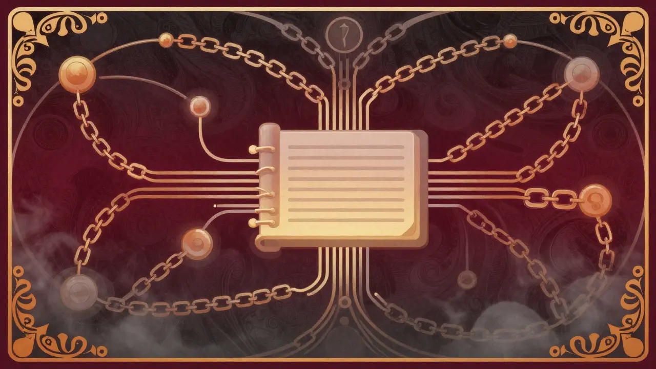 Cadenas y datos de blockchain estilizados con líneas ornamentales