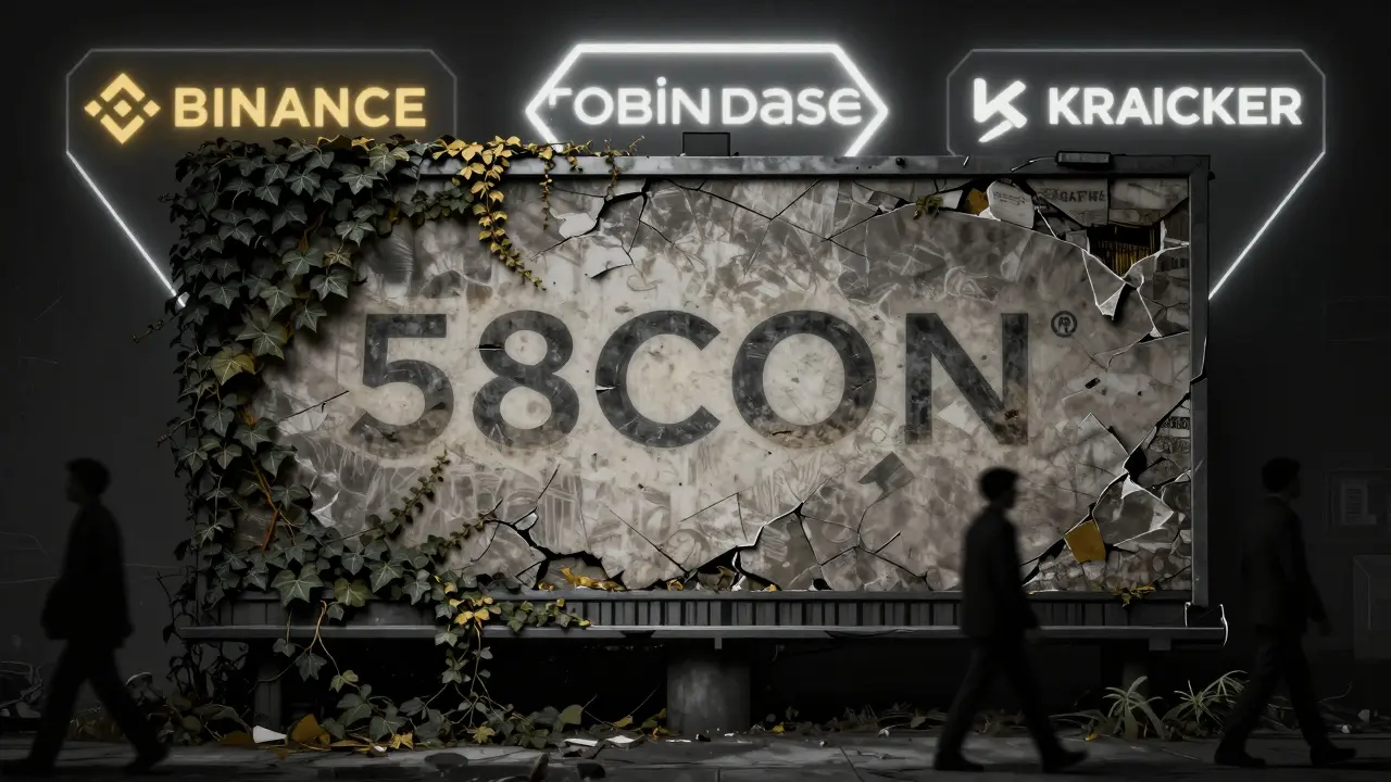 Cartel desgastado de 58COIN en 2026 cubierto de hiedra, mientras otros intercambios brillan al fondo en un estilo Art Nouveau.