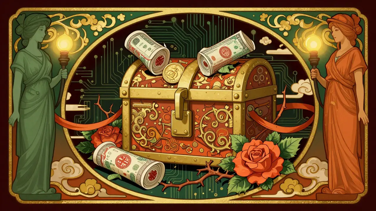 Cofre cerrado rodeado de símbolos prohibición ornamental