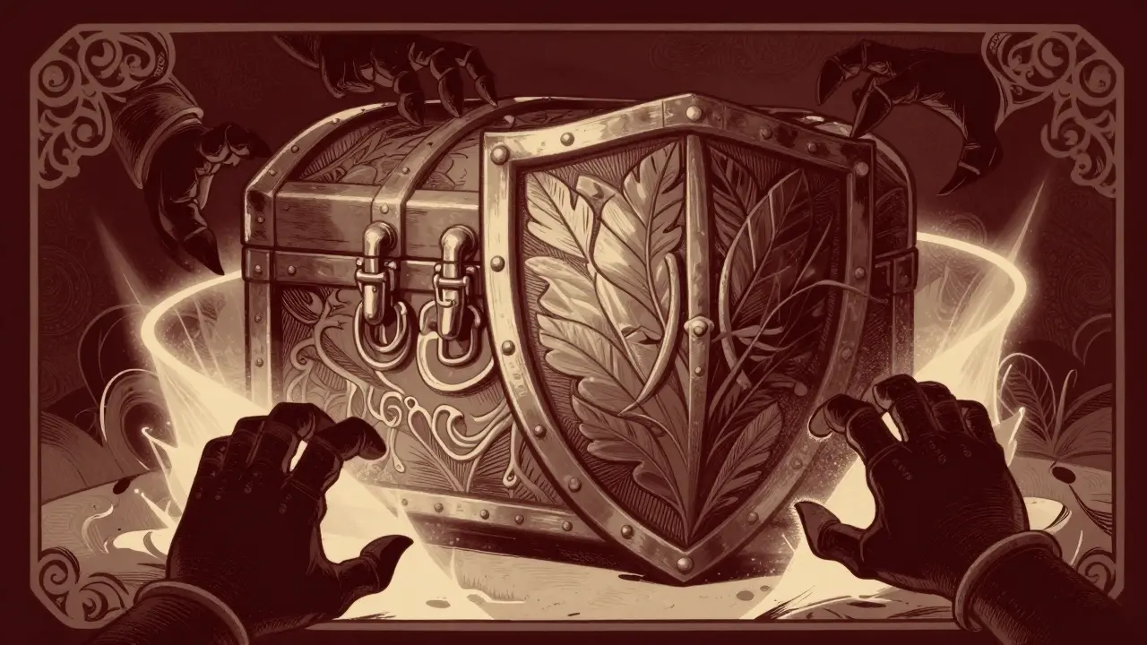 Cofre ornamentado protegido por escudo contra manos oscuras, estilo cartel vintage.
