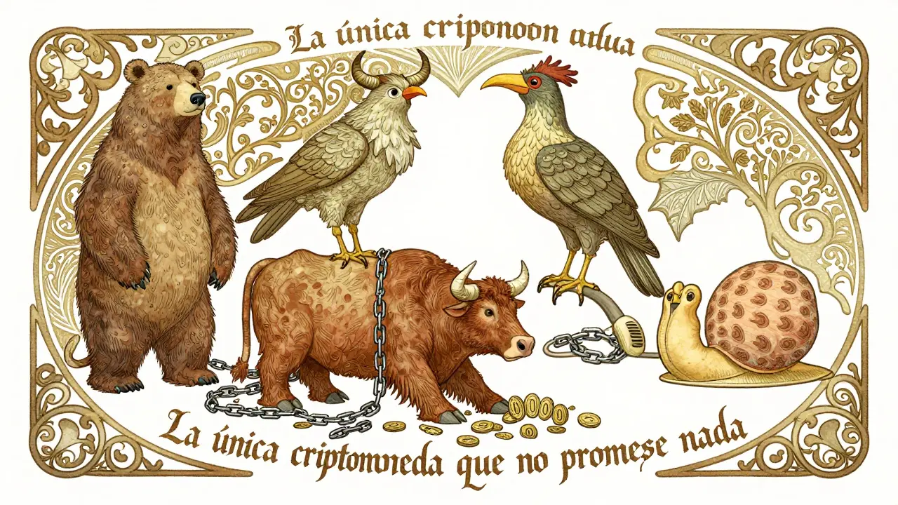 Cuatro animales simbólicos representan estados del mercado cripto en un friso art nouveau, con Bobo el Oso en la base, rodeado de cadenas y ceros.