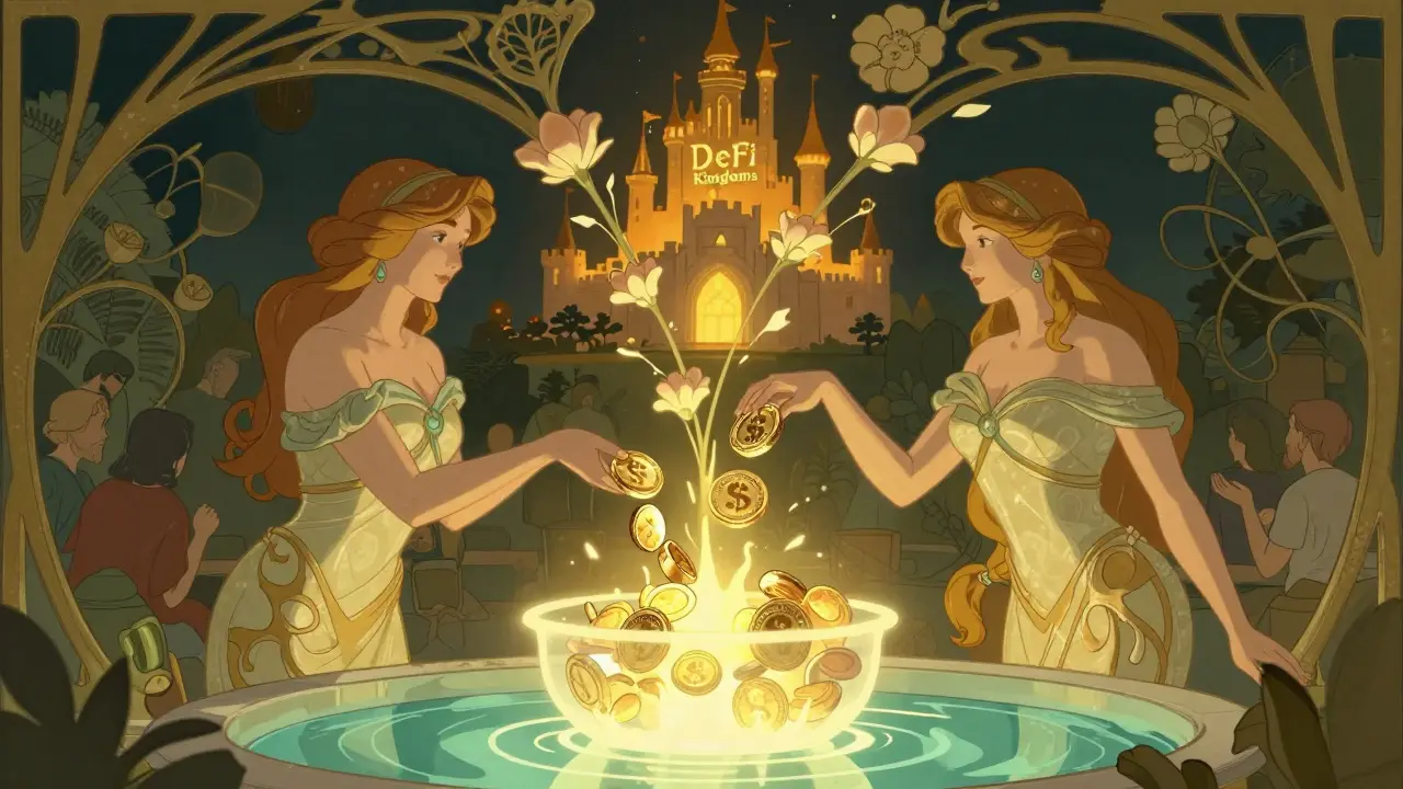 Dos figuras aportan tokens a una piscina luminosa mientras flores crecen sobre ellos, en un estilo Art Nouveau con tonos dorados y verdes profundos.