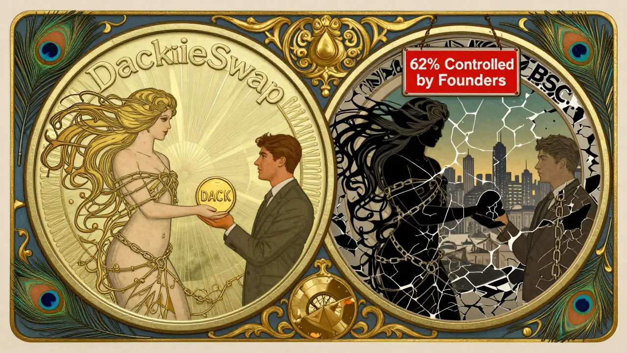 Dual-sided coin illustration: one side shows a radiant woman offering DACK tokens, the other a shadowy version with chains and warning signs.