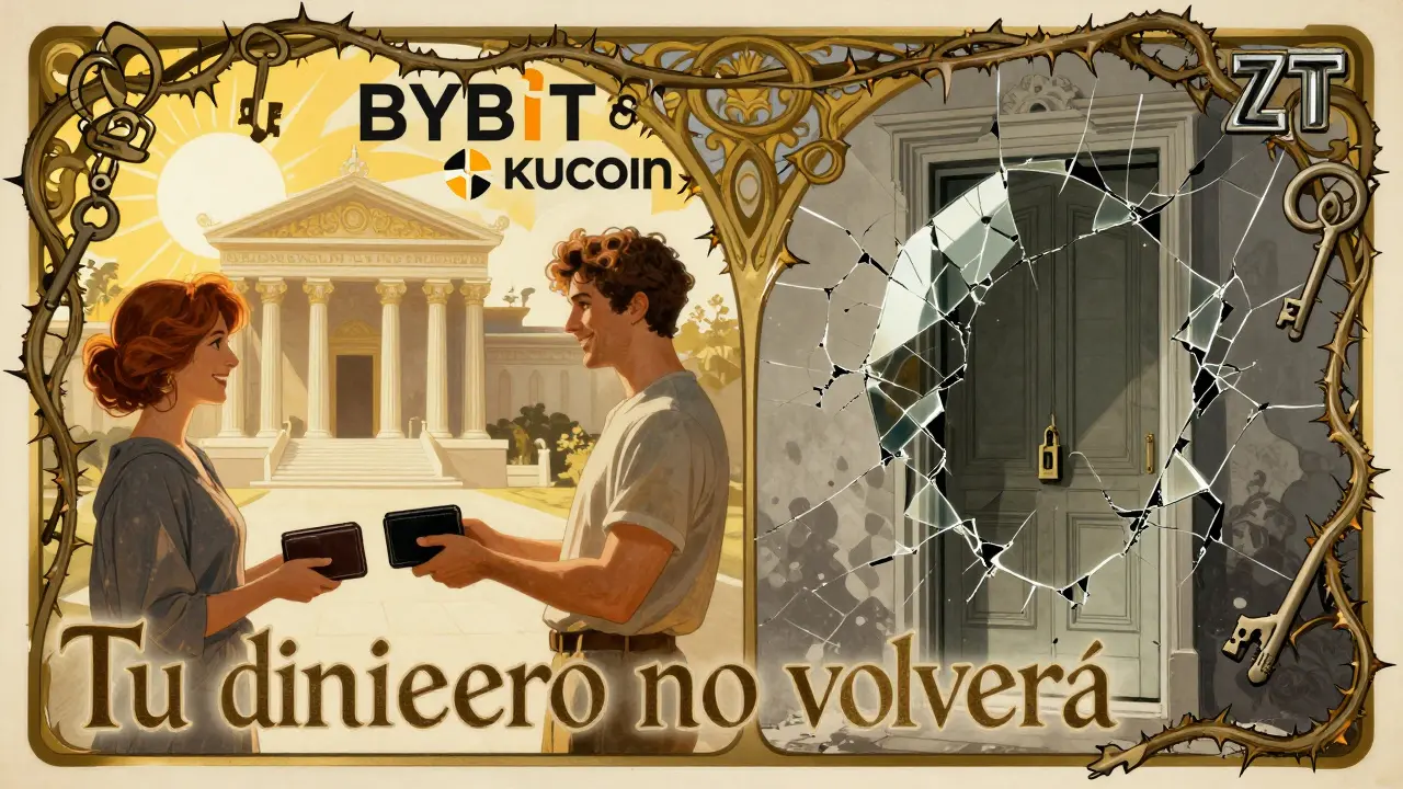Escena dividida: intercambios seguros vs ZT Exchange como espejo roto con bolsillos vacíos, estilo Art Nouveau.