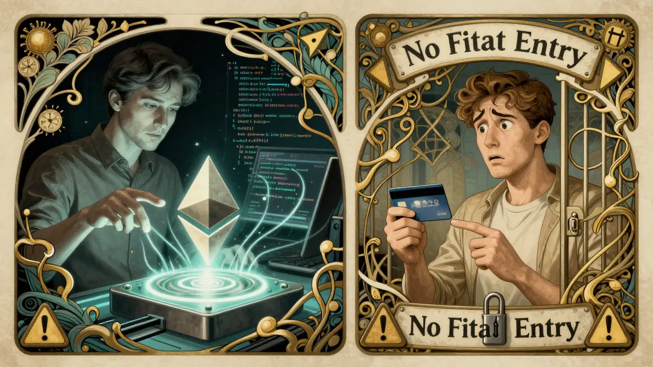 Estilo Art Nouveau: desarrollador conectado a Ethereum mientras un principiante se enfrenta a una puerta cerrada sin entrada fiat.