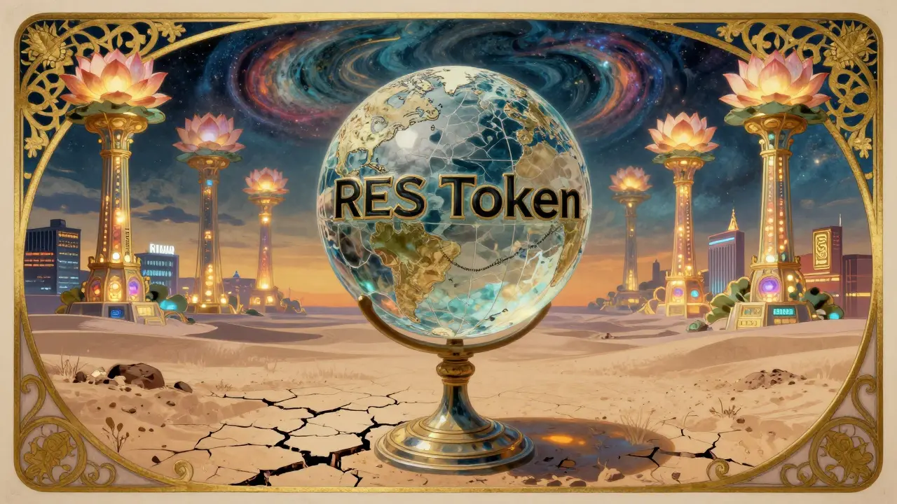 Estilo Art Nouveau: el token RES como globo vacío en un desierto, frente a intercambios prósperos con flores y ornamentos.