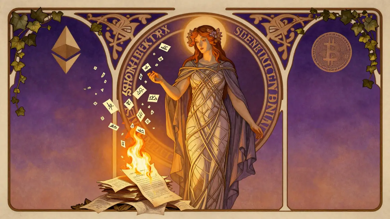 Guardiana con túnica de firmas digitales protege un cofre mientras firmas antiguas arden suavemente.