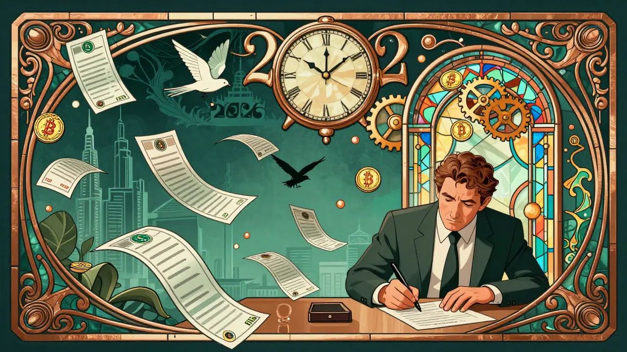 Hombre firmando documentos en un apartamento de Dubai con recibos flotantes y reloj blockchain.