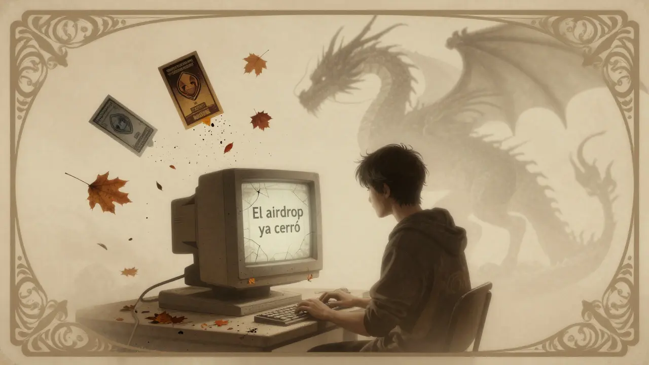 Jugador frente a una pantalla que dice 'el airdrop cerró', con NFTs desvaneciéndose como hojas de otoño.