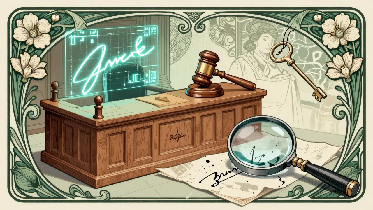 Juicio digital donde una firma electrónica brilla frente a una firma de tinta rota, con motivos de curvas elípticas.