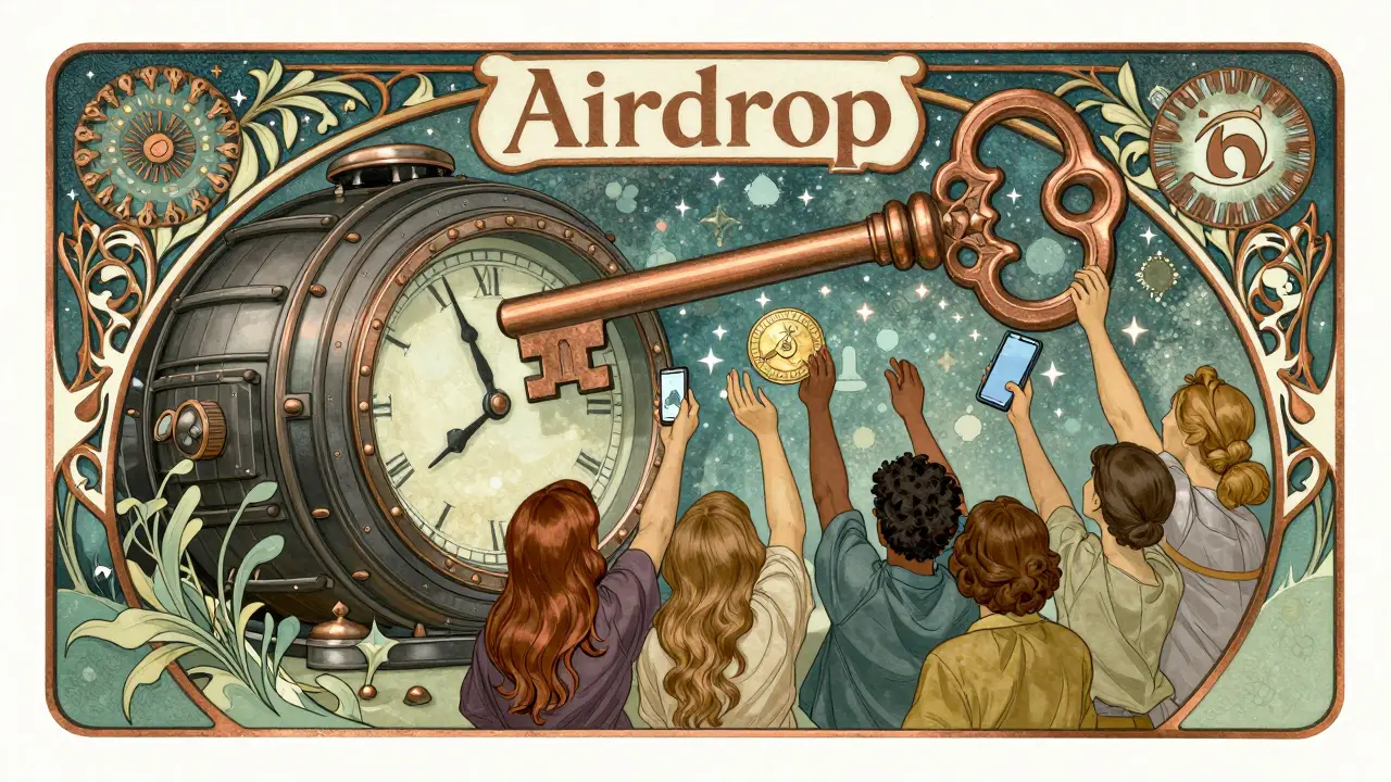 Llave gigante abriendo un cofre de tokens FUTURE, con gente alcanzando hacia ellos bajo un reloj y motivos florales.