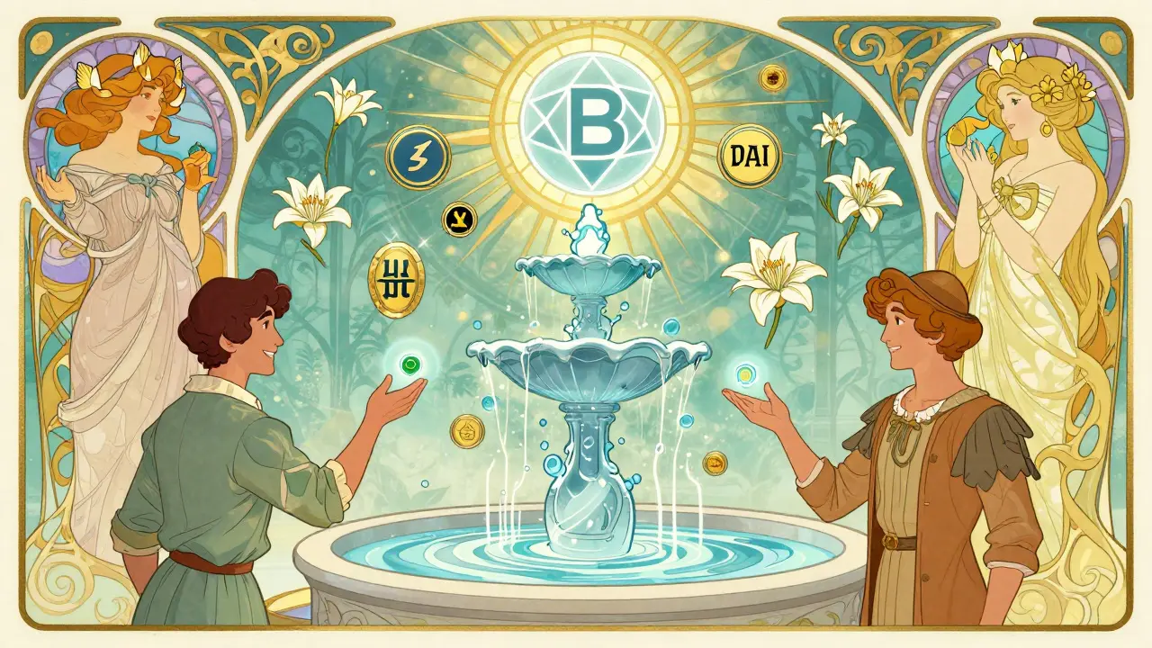 Mercado flotante con pares de criptomonedas como lirios, usuarios intercambiando tokens sobre una fuente de energía blockchain, fondo con logotipo de Base como sol de vitral.