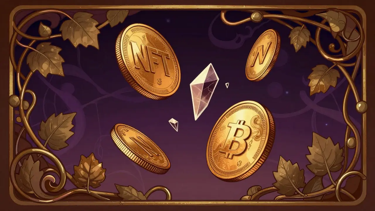 Monedas digitales y fragmentos NFT flotando en un marco decorativo de hojas y metal.