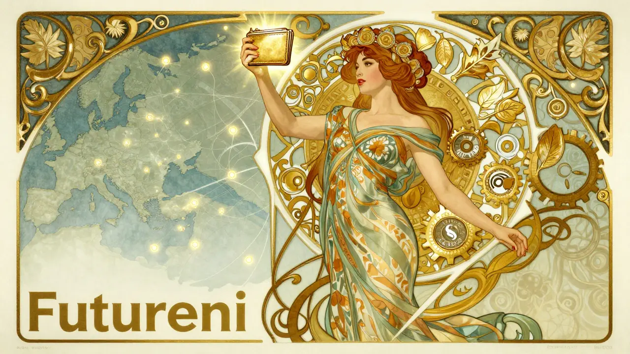 Mujer con billetera digital en estilo Art Nouveau, rodeada de tokens en forma de hojas y un mapa global brillante.