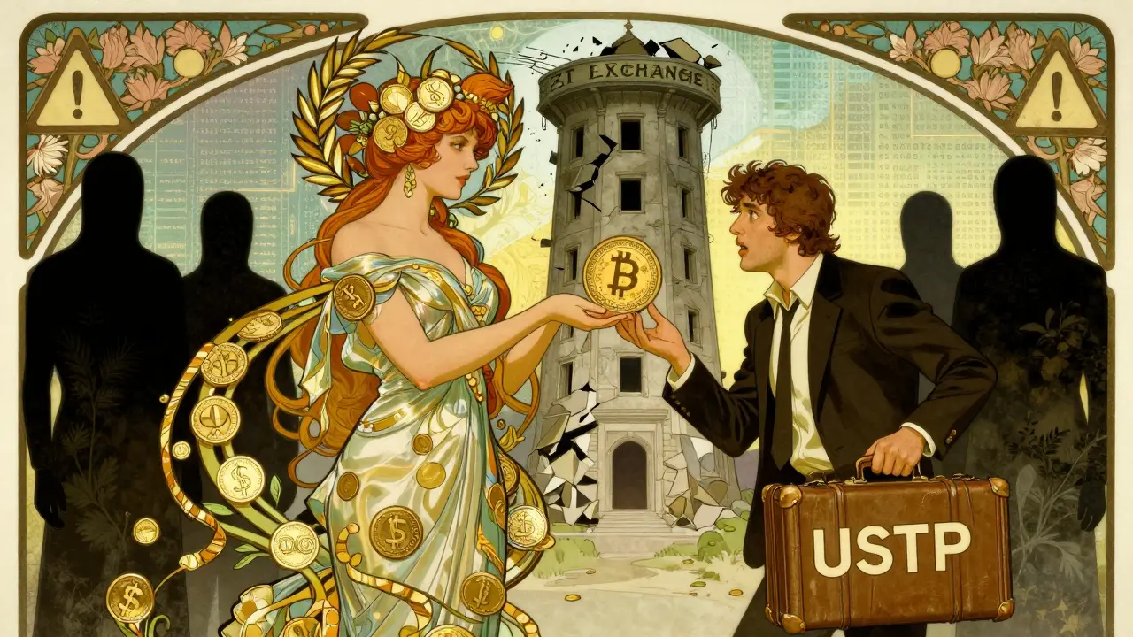 Mujer elegante ofrece moneda ZTB mientras torre de ZT Exchange se derrumba, estilo publicidad Art Nouveau.