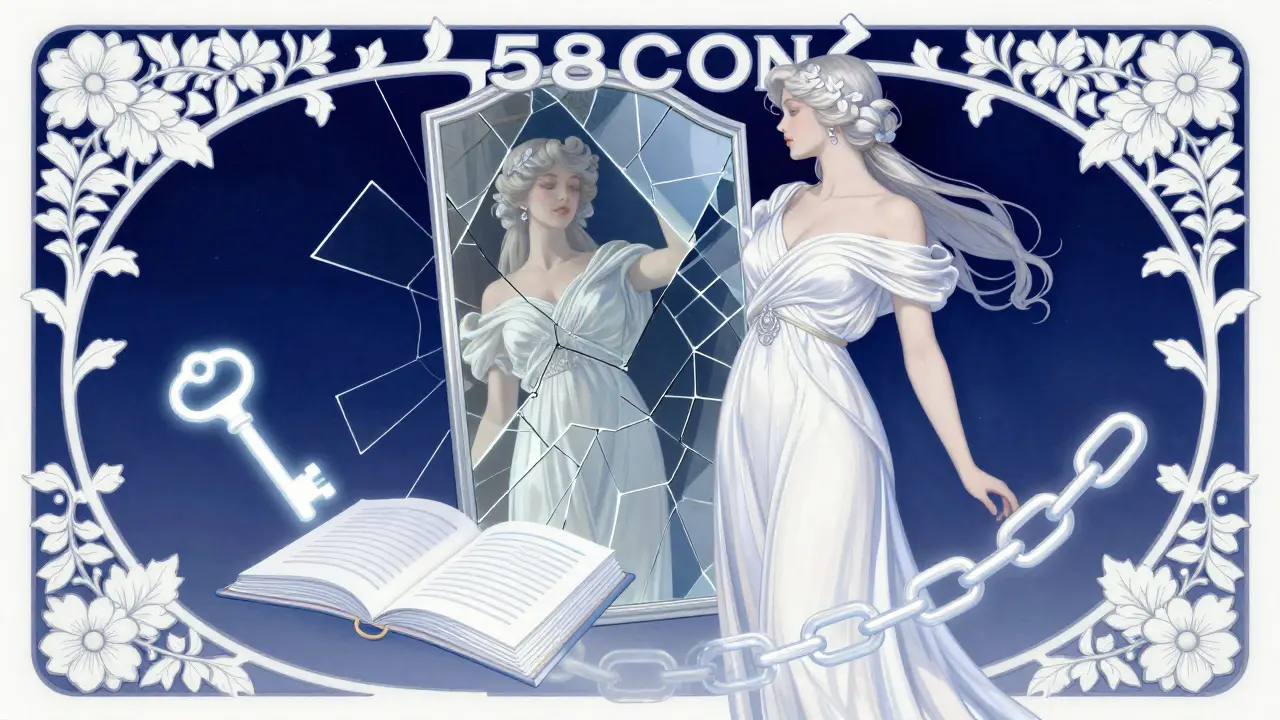 Mujer frente a un espejo roto donde desapareció 58COIN, con símbolos de transparencia flotando en estilo Art Nouveau.