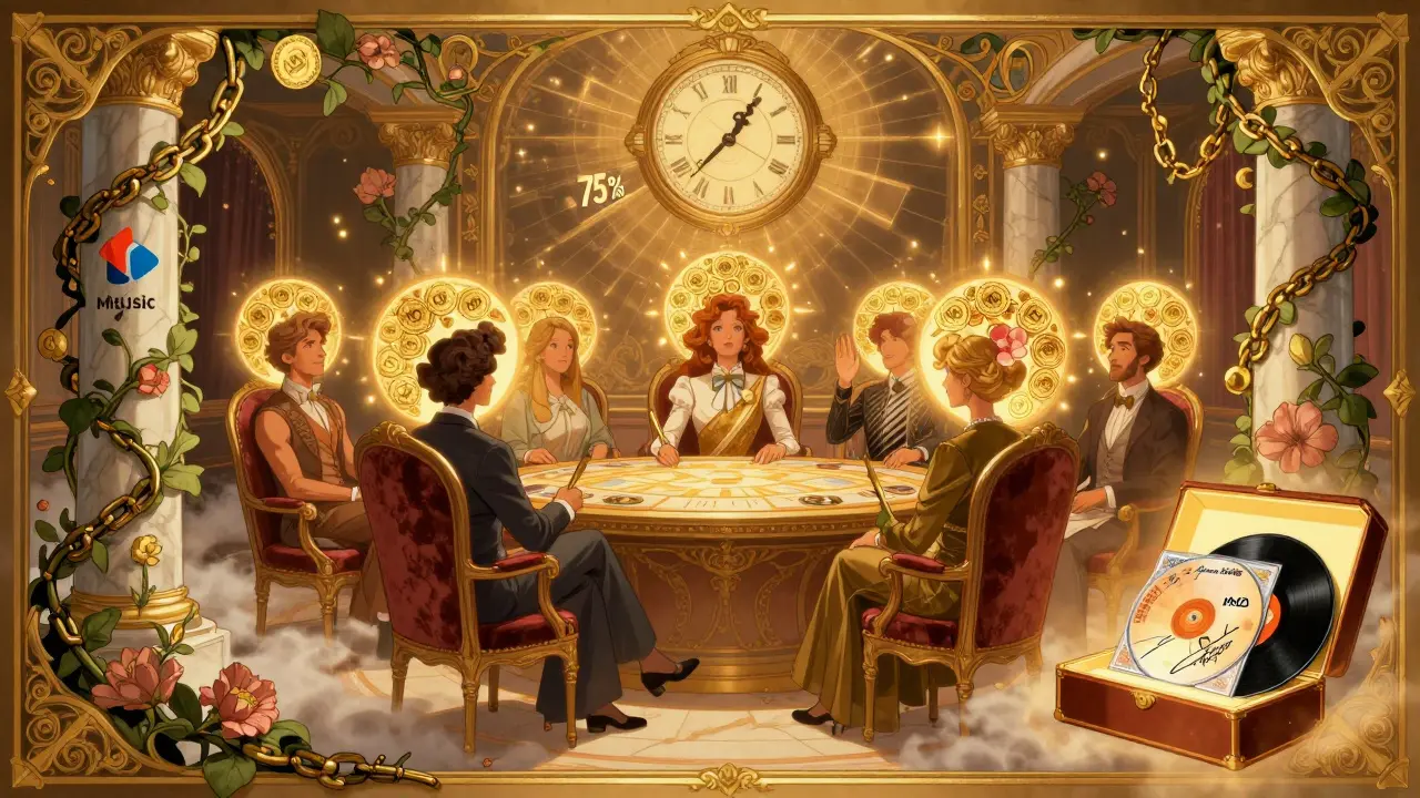 Personas en un salón de staking con tokens que se convierten en flores y un vinilo emergiendo de un NFT.