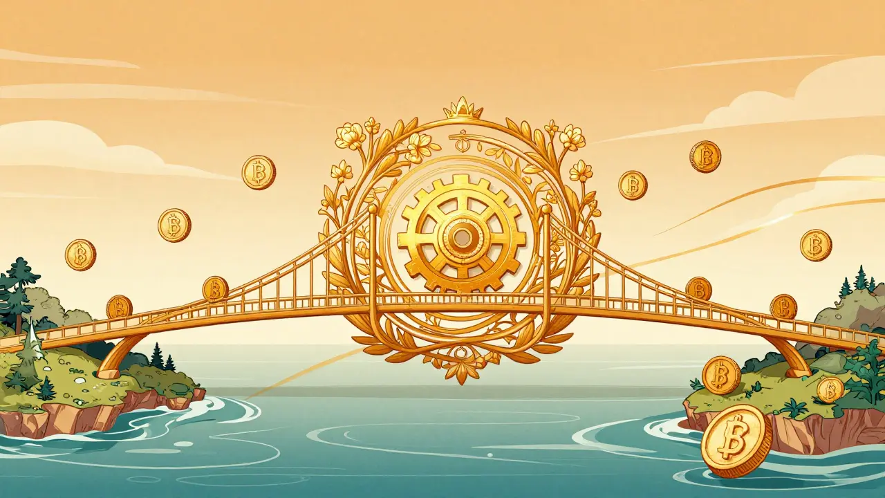 Puente de cadenas conectando monedas nativas sin intermediarios visibles.