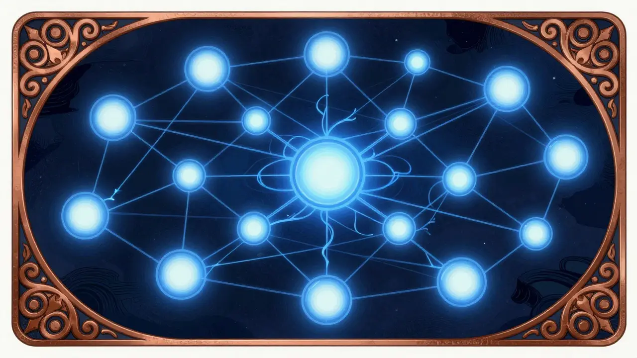 Red de nodos validadores brillante con líneas curvas y sombras decorativas.