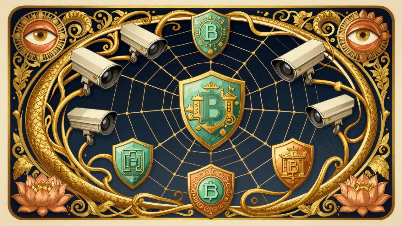 Red de vigilancia con nodos entrelazados como enredaderas