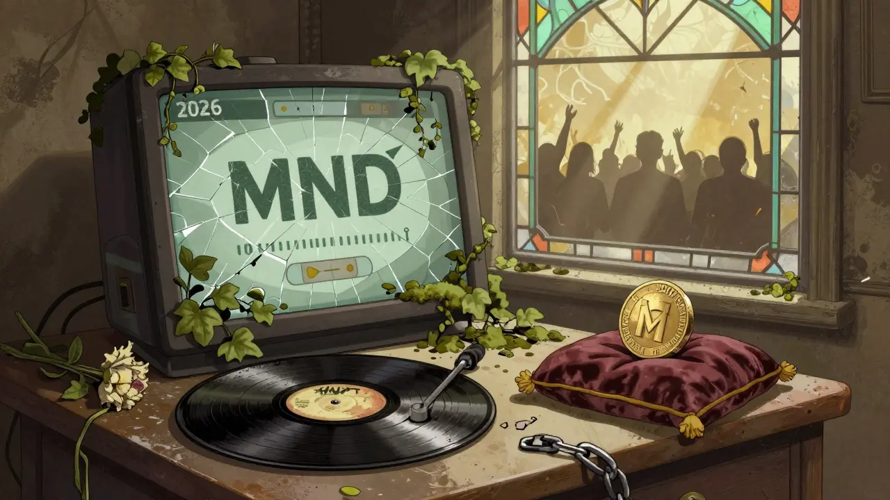 Sitio web abandonado con un vinilo desgastado y un token solitario, rodeado de enredaderas y luz tenue.