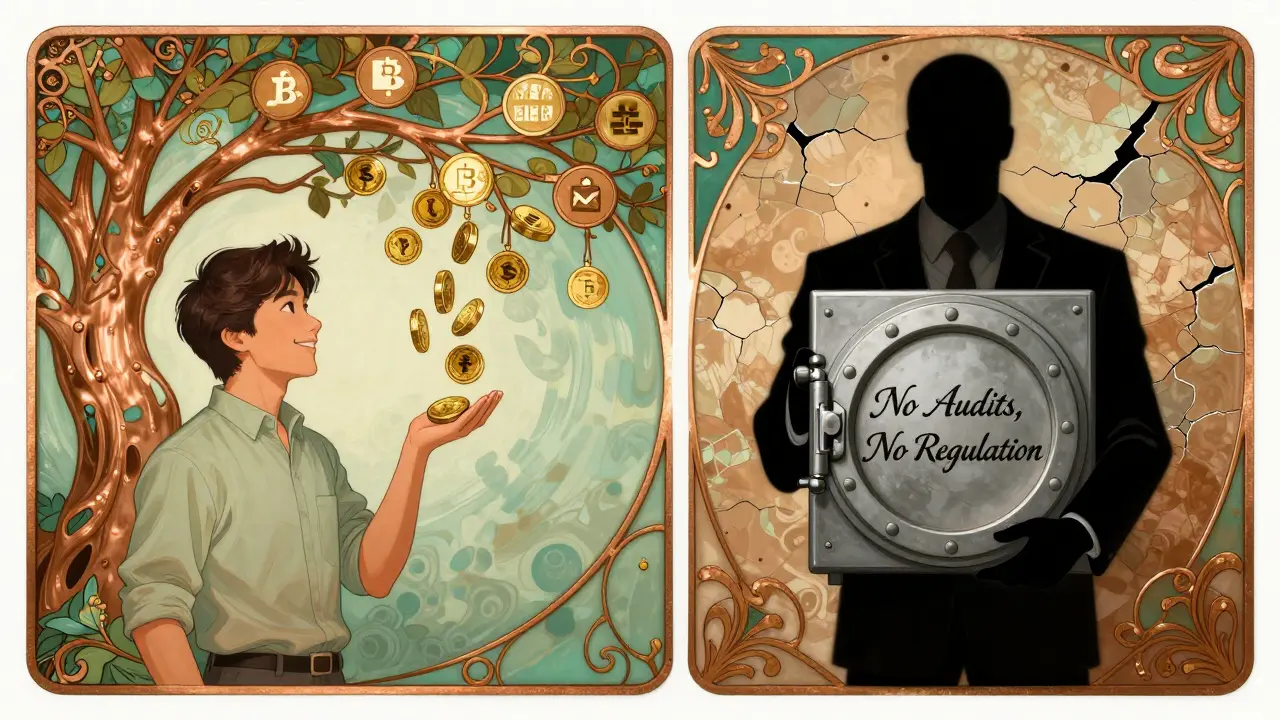 Split illustration showing staking rewards on one side and a locked vault labeled 'No Audits' on the other, in Art Nouveau style.