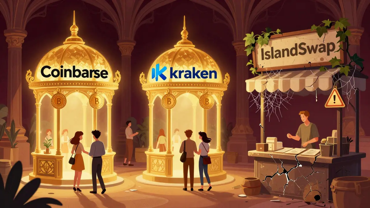 Tres plataformas de criptomonedas legítimas iluminadas frente a un puesto abandonado de 'IslandSwap' cubierto de telarañas.