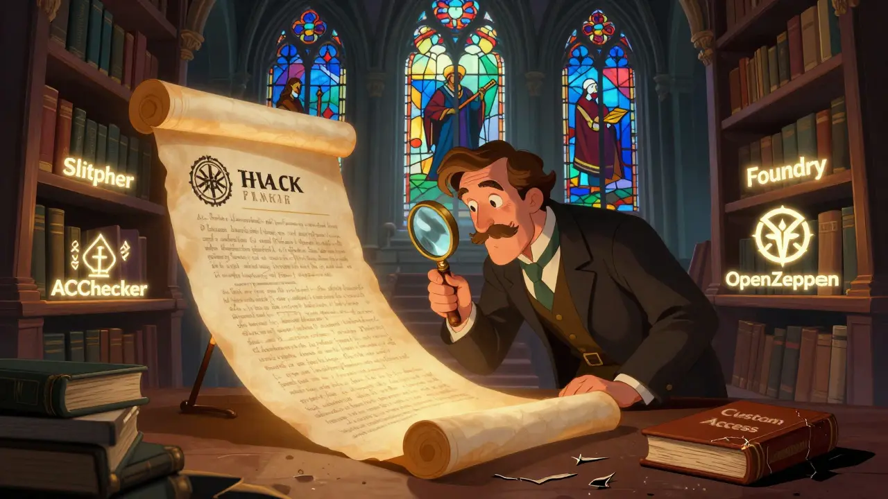 Un contrato brillante en una biblioteca gótica, revisado por un estudioso junto a herramientas de seguridad.