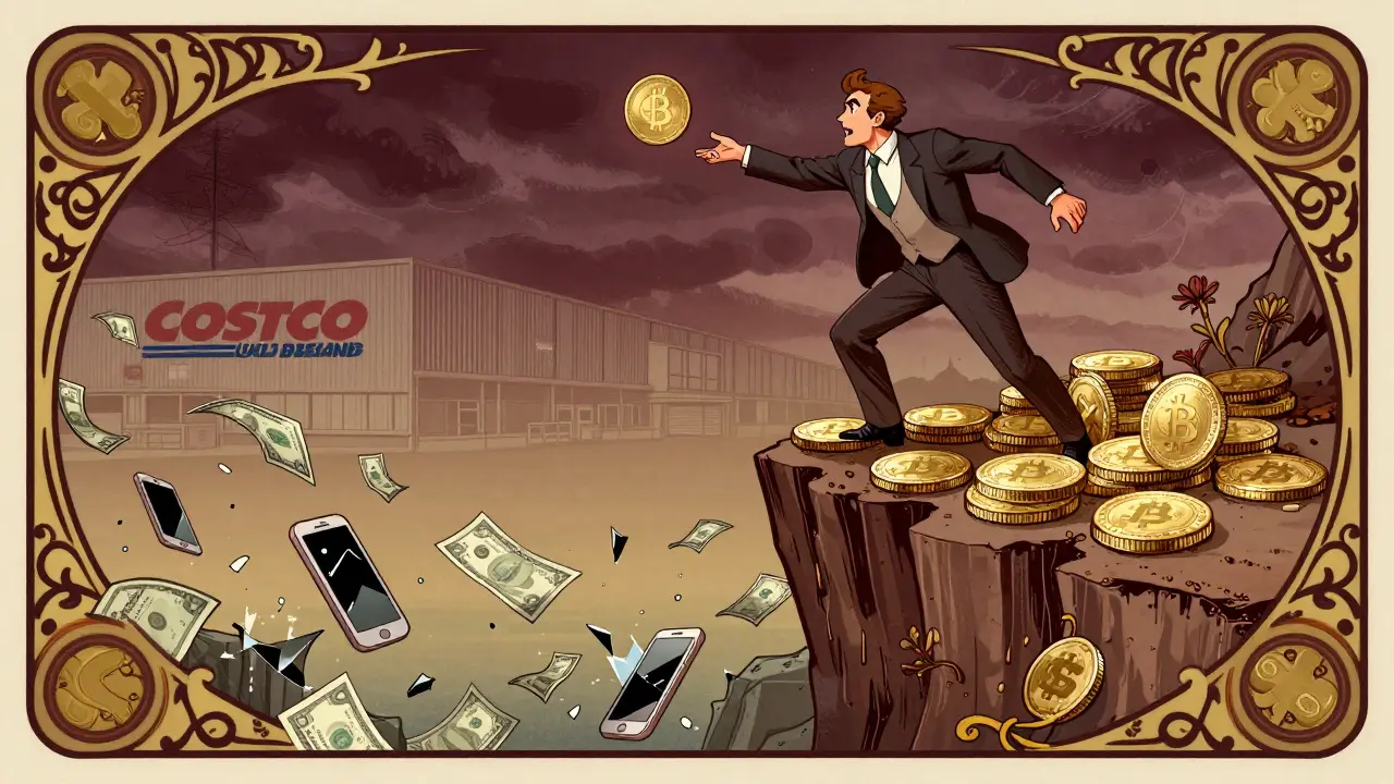 Un inversor intenta alcanzar un token COST mientras cae hacia un abismo de billetes y pantallas rotas.