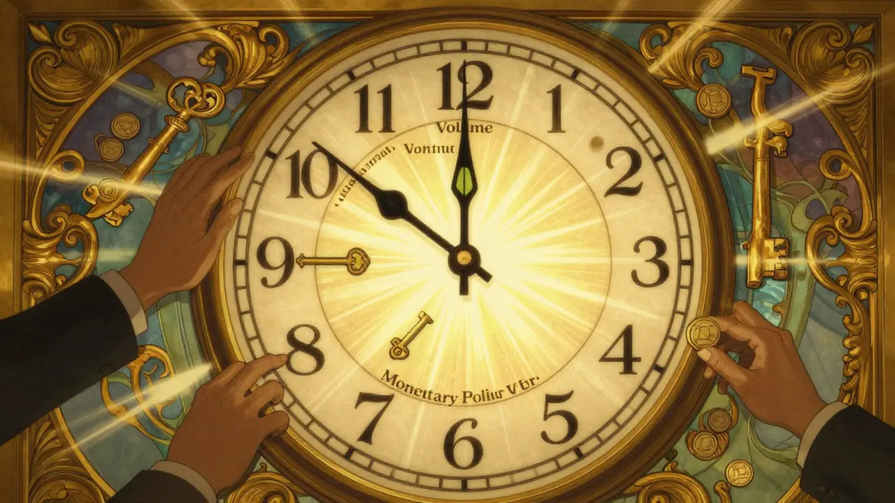 Un reloj con indicadores de mercado en su esfera irradia luz dorada, mientras inversores compran en silencio en las sombras, en estilo Art Nouveau.