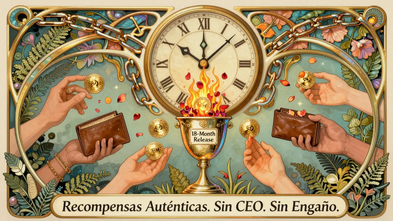 Un reloj de cadena de bloques libera tokens hacia una copa, mientras manos reciben recompensas en un estilo art nouveau lleno de curvas y metales iridiscentes.