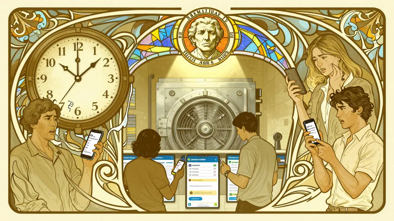 Un reloj roto y un sello regulador protegen una billetera segura mientras personas pagan servicios en una tienda local, todo en estilo Art Nouveau.