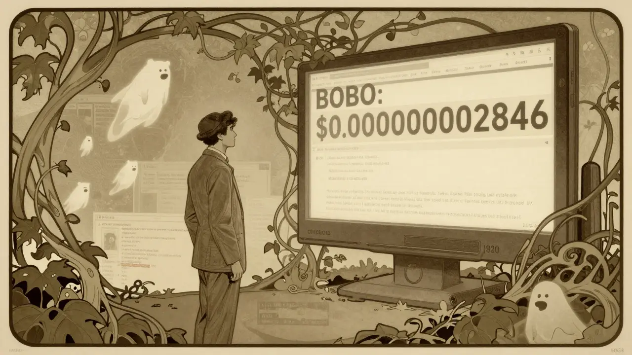 Un trader vintage mira una pantalla con el precio de BOBO mientras hilos de foro 4chan se convierten en enredaderas en un estilo art nouveau.