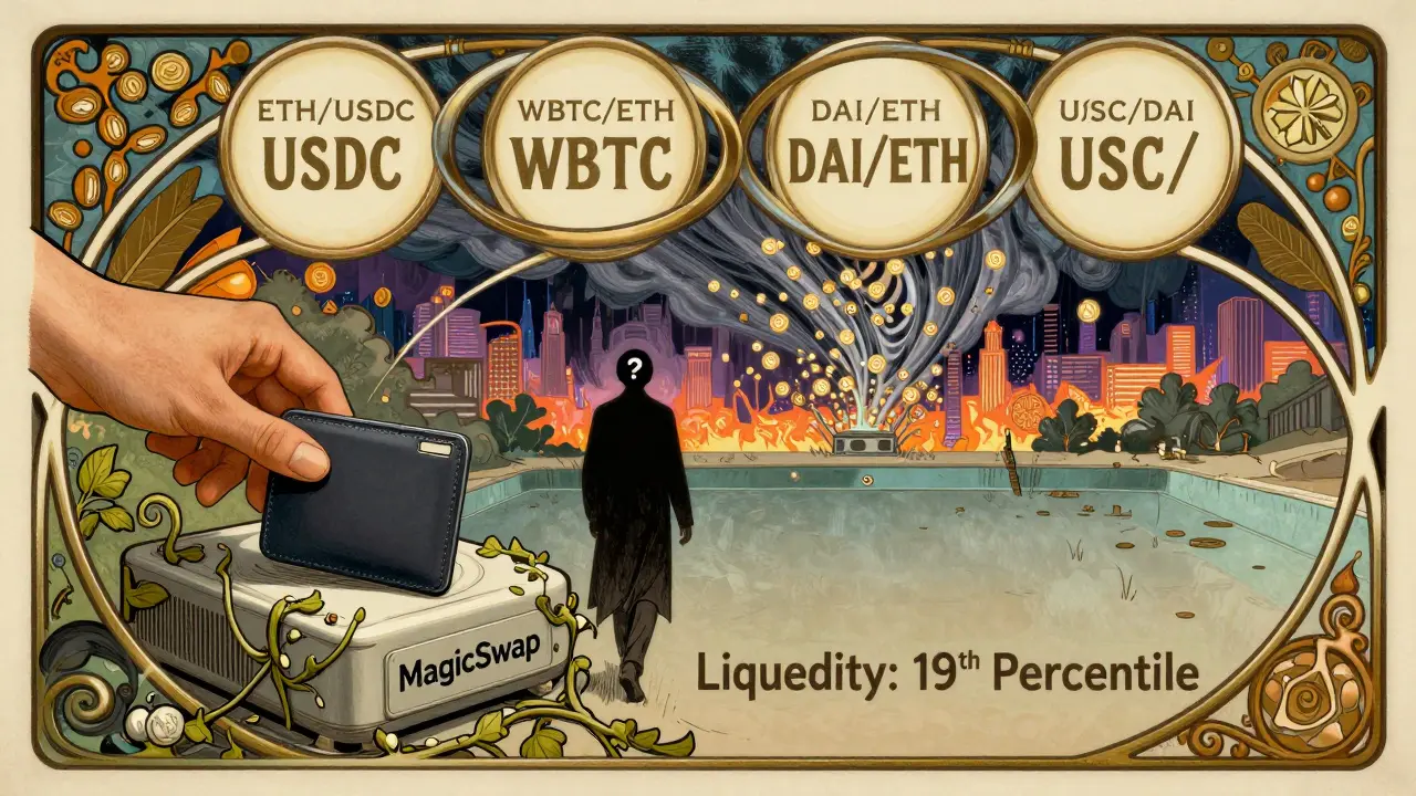 Un usuario conecta su billetera a un terminal decorado con motivos florales, mostrando solo cuatro pares de intercambio disponibles.