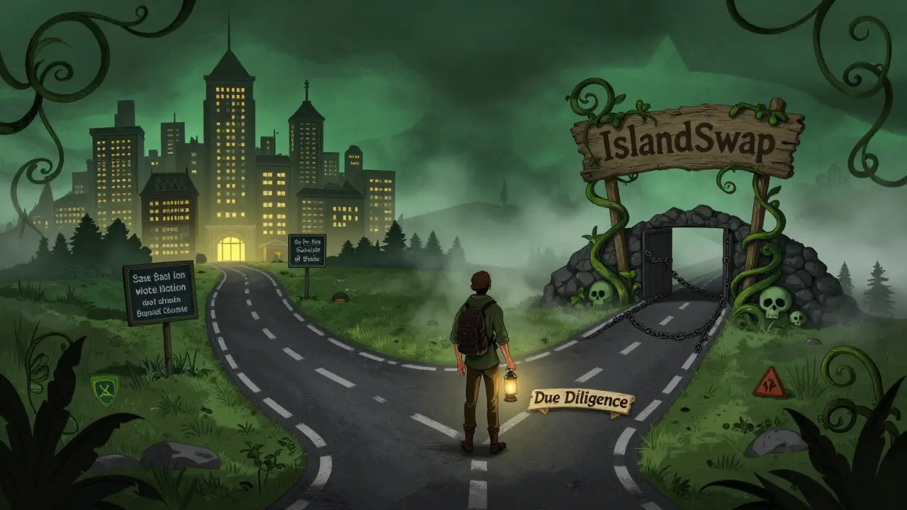 Un viajero con una linterna frente a un camino que lleva a la seguridad o a una isla engañosa con cadenas, en estilo Art Nouveau.