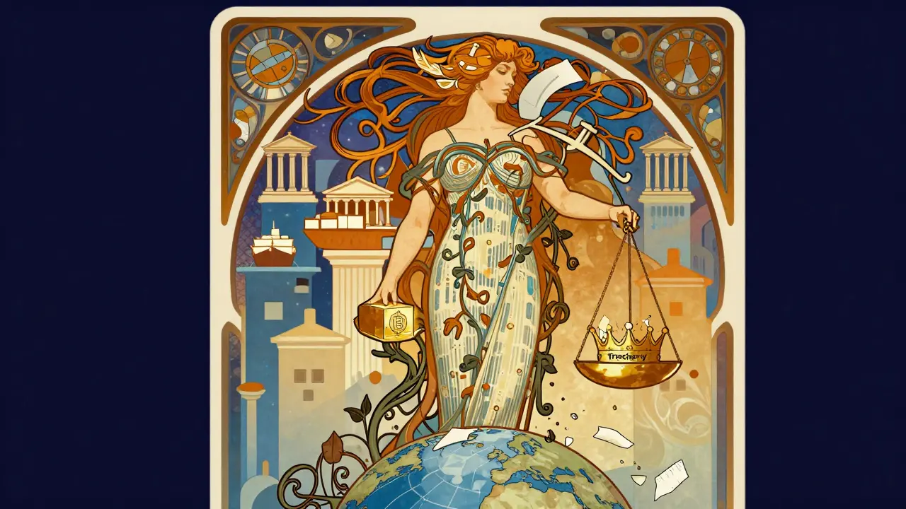 Una figura femenina con cabello de datos sostiene una balanza entre un bloque blockchain y una corona rota, representando aplicaciones reales de BFT.