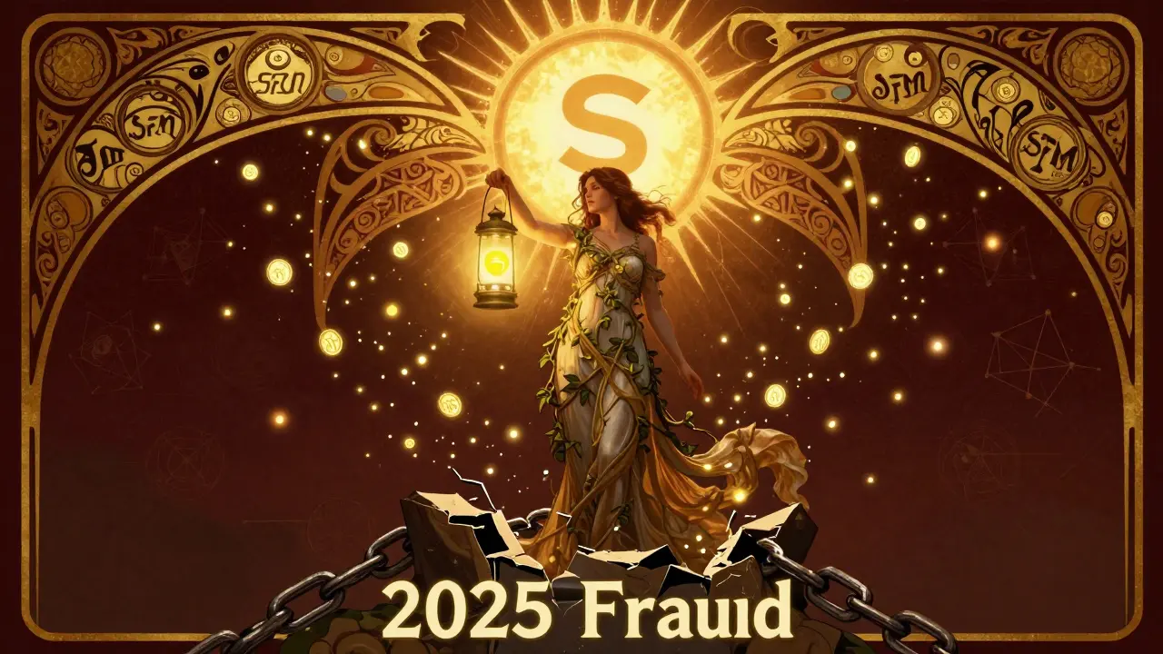 Una mujer con vestido de enredaderas sostiene una linterna con el logotipo de SafeMoon, mientras tokens flotan hacia un sol en forma de Solana.