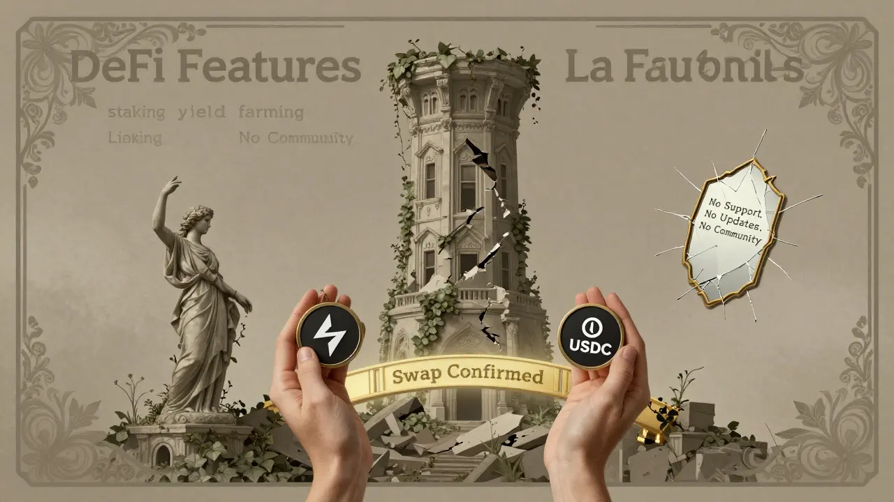 Una persona sostiene ETH y USDC mientras detrás, funciones de DeFi como staking y liquidez yacen en ruinas decoradas con hiedra.
