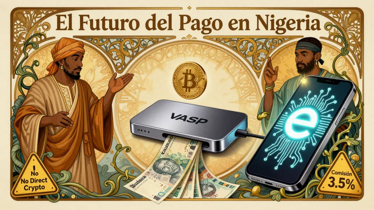 Una plataforma autorizada convierte Bitcoin en naira, con detalles artísticos de la estética Art Nouveau.